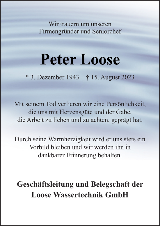 Traueranzeige von Peter Loose von Neue Osnabrücker Zeitung GmbH & Co. KG