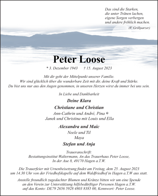 Traueranzeige von Peter Loose von Neue Osnabrücker Zeitung GmbH & Co. KG