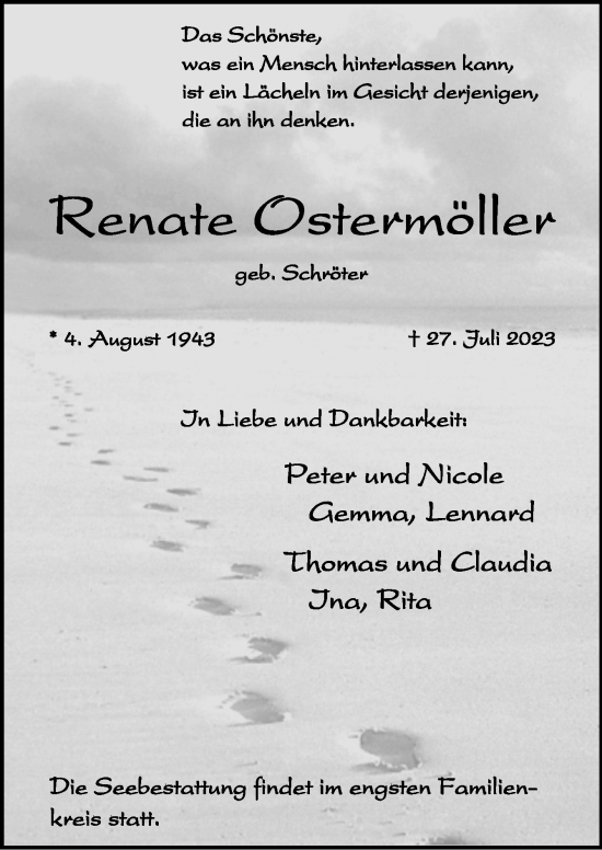 Traueranzeige von Renate Ostermöller von Neue Osnabrücker Zeitung GmbH & Co. KG