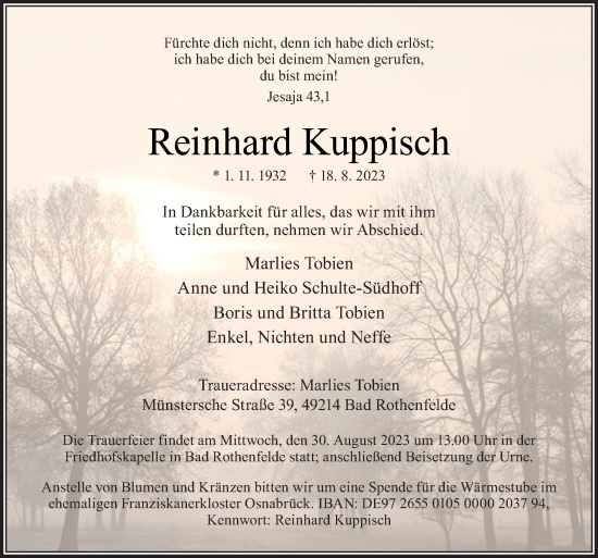 Traueranzeige von Reinhard Kuppisch von Neue Osnabrücker Zeitung GmbH & Co. KG