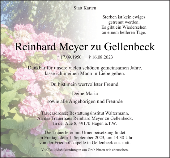 Traueranzeige von Reinhard Meyer zu Gellenbeck von Neue Osnabrücker Zeitung GmbH & Co. KG