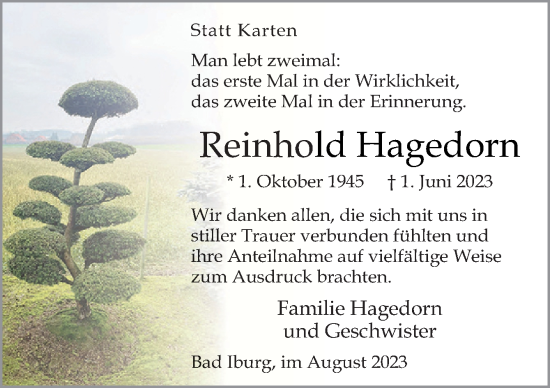 Traueranzeige von Reinhold Hagedorn von Neue Osnabrücker Zeitung GmbH & Co. KG