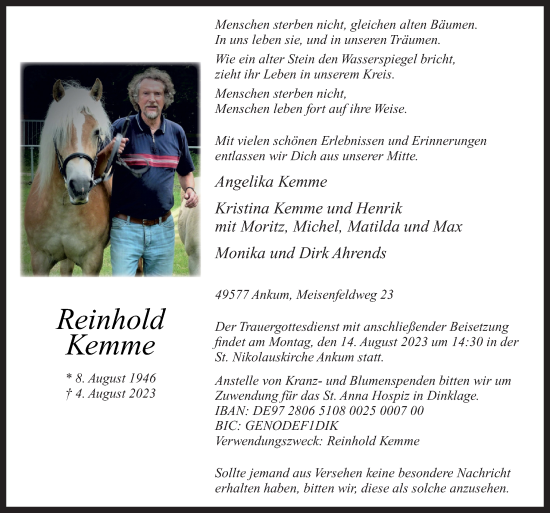 Traueranzeige von Reinhold Kemme von Neue Osnabrücker Zeitung GmbH & Co. KG