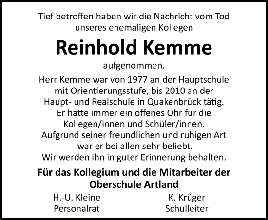 Traueranzeige von Reinhold Kemme von Neue Osnabrücker Zeitung GmbH & Co. KG
