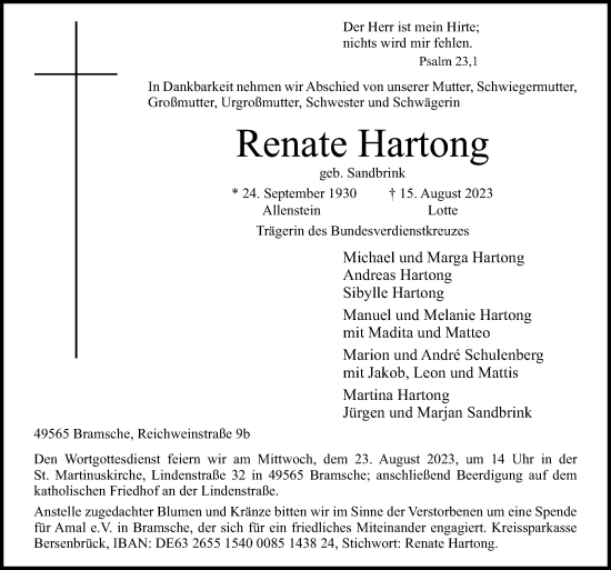 Traueranzeige von Renate Hartong von Neue Osnabrücker Zeitung GmbH & Co. KG