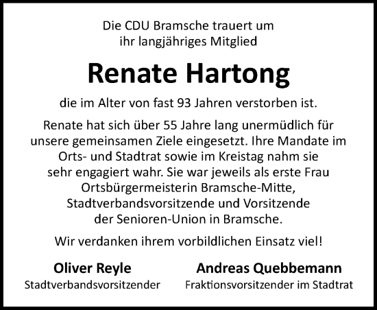 Traueranzeige von Renate Hartong von Neue Osnabrücker Zeitung GmbH & Co. KG