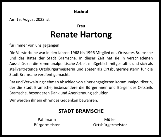Traueranzeige von Renate Hartong von Neue Osnabrücker Zeitung GmbH & Co. KG