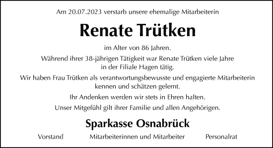 Traueranzeige von Renate Trütken von Neue Osnabrücker Zeitung GmbH & Co. KG