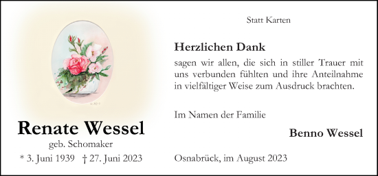 Traueranzeige von Renate Wessel von Neue Osnabrücker Zeitung GmbH & Co. KG