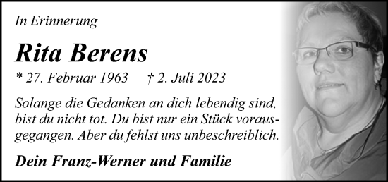 Traueranzeige von Rita Berens von Neue Osnabrücker Zeitung GmbH & Co. KG