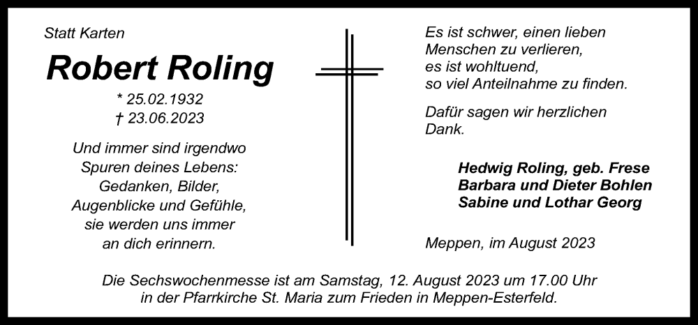  Traueranzeige für Robert Roling vom 05.08.2023 aus Neue Osnabrücker Zeitung GmbH & Co. KG