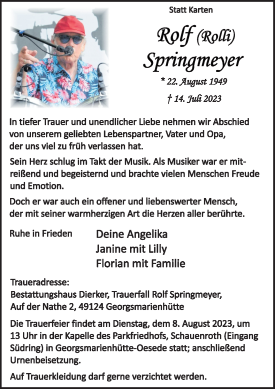 Traueranzeige von Rolf Springmeyer von Neue Osnabrücker Zeitung GmbH & Co. KG