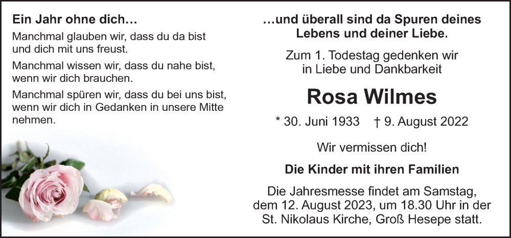  Traueranzeige für Rosa Wilmes vom 09.08.2023 aus Neue Osnabrücker Zeitung GmbH & Co. KG