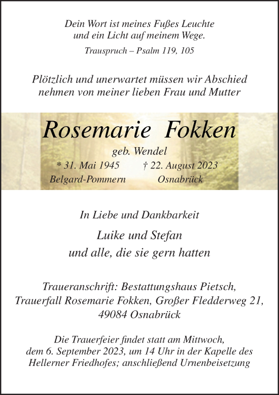 Traueranzeige von Rosemarie Fokken von Neue Osnabrücker Zeitung GmbH & Co. KG