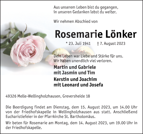 Traueranzeige von Rosemarie Lönker von Neue Osnabrücker Zeitung GmbH & Co. KG