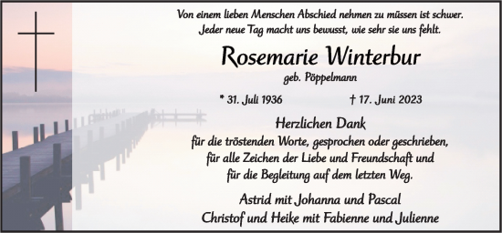 Traueranzeige von Rosemarie Winterbur von Neue Osnabrücker Zeitung GmbH & Co. KG