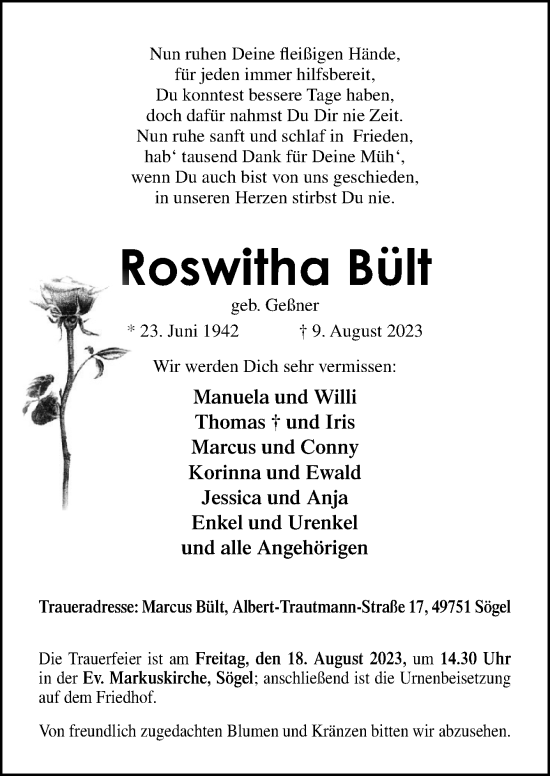 Traueranzeige von Roswitha Bült von Neue Osnabrücker Zeitung GmbH & Co. KG