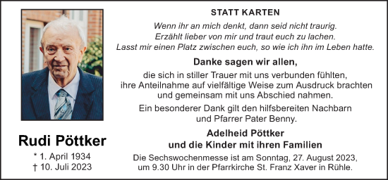 Traueranzeige von Rudi Pöttker von Neue Osnabrücker Zeitung GmbH & Co. KG