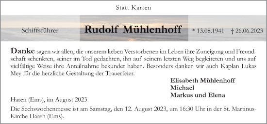 Traueranzeige von Rudolf Mühlenhoff von Neue Osnabrücker Zeitung GmbH & Co. KG