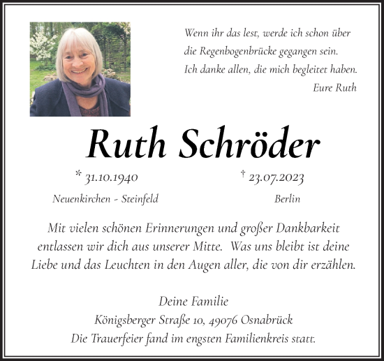 Traueranzeige von Ruth Schröder von Neue Osnabrücker Zeitung GmbH & Co. KG