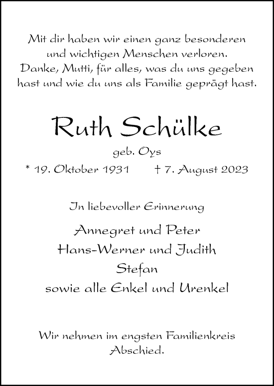 Traueranzeige von Ruth Schülke von Neue Osnabrücker Zeitung GmbH & Co. KG