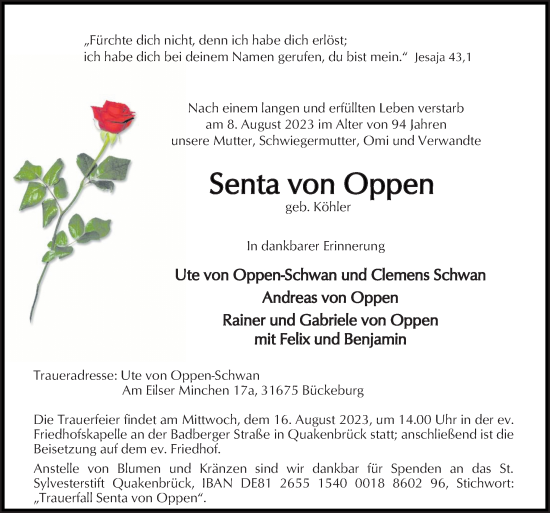 Traueranzeige von Senta von Oppen von Neue Osnabrücker Zeitung GmbH & Co. KG