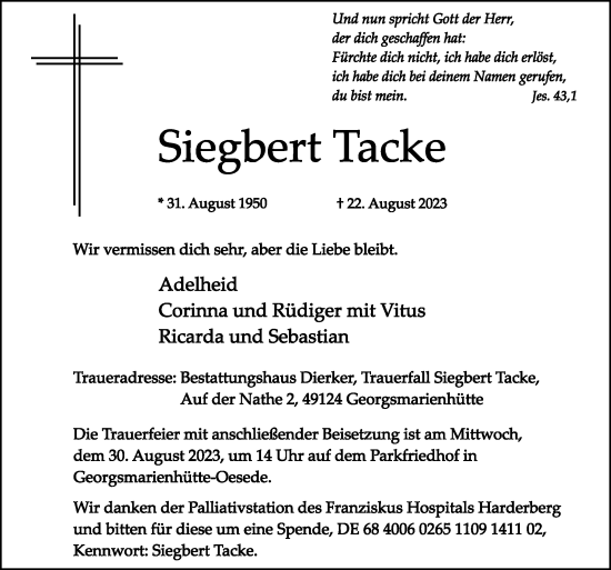 Traueranzeige von Siegbert Tacke von Neue Osnabrücker Zeitung GmbH & Co. KG