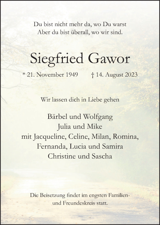 Traueranzeige von Siegfried Gawor von Neue Osnabrücker Zeitung GmbH & Co. KG