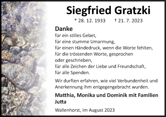 Traueranzeige von Siegfried Gratzki von Neue Osnabrücker Zeitung GmbH & Co. KG