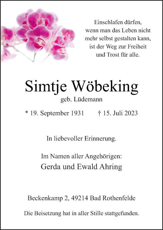 Traueranzeige von Simtje Wöbeking von Neue Osnabrücker Zeitung GmbH & Co. KG