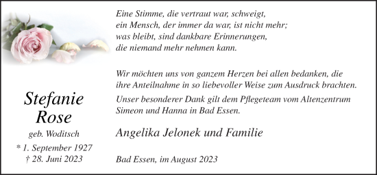 Traueranzeige von Stefanie Rose von Neue Osnabrücker Zeitung GmbH & Co. KG