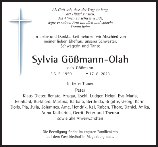 Traueranzeige von Sylvia Gößmann-Olah von Neue Osnabrücker Zeitung GmbH & Co. KG
