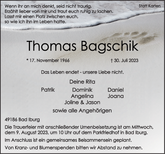 Traueranzeige von Thomas Bagschik von Neue Osnabrücker Zeitung GmbH & Co. KG