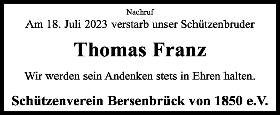 Traueranzeige von Thomas Franz von Neue Osnabrücker Zeitung GmbH & Co. KG