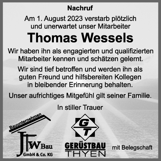 Traueranzeige von Thomas Wessels von Neue Osnabrücker Zeitung GmbH & Co. KG