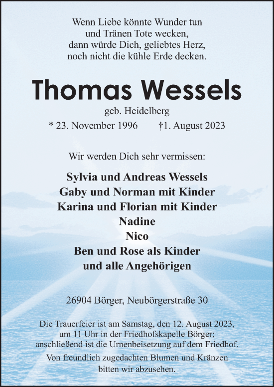 Traueranzeige von Thomas Wessels von Neue Osnabrücker Zeitung GmbH & Co. KG