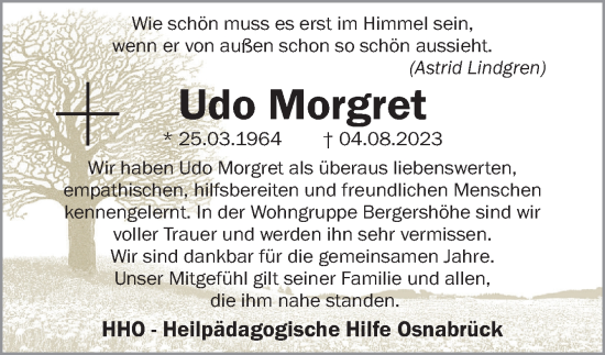 Traueranzeige von Udo Morgret von Neue Osnabrücker Zeitung GmbH & Co. KG