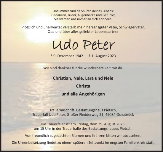 Traueranzeige von Udo Peter von Neue Osnabrücker Zeitung GmbH & Co. KG
