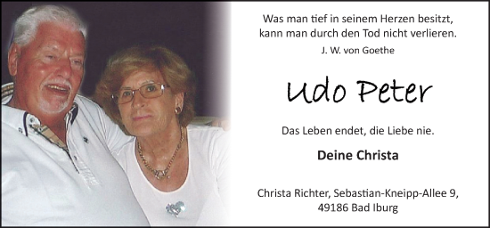 Traueranzeige von Udo Peter von Neue Osnabrücker Zeitung GmbH & Co. KG