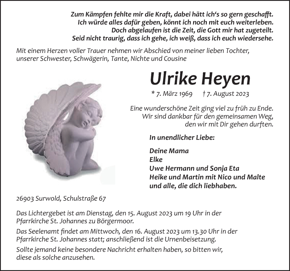  Traueranzeige für Ulrike Heyen vom 10.08.2023 aus Neue Osnabrücker Zeitung GmbH & Co. KG