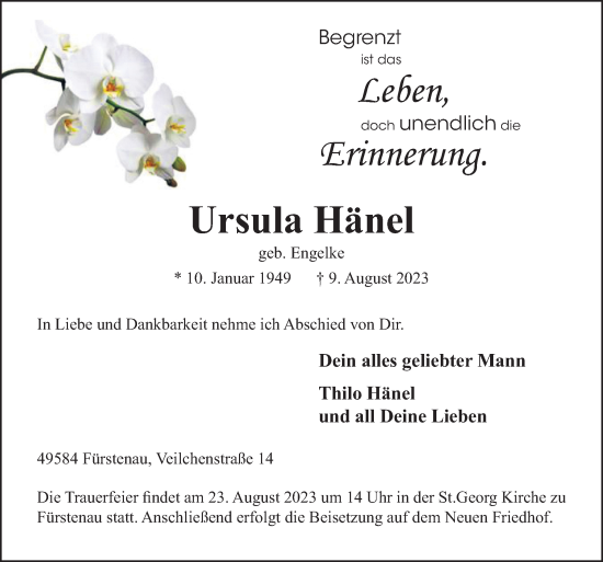 Traueranzeige von Ursula Hänel von Neue Osnabrücker Zeitung GmbH & Co. KG