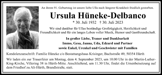 Traueranzeige von Ursula Hüneke-Delbanco von Neue Osnabrücker Zeitung GmbH & Co. KG