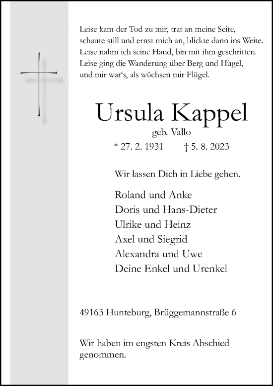 Traueranzeige von Ursula Kappel von Neue Osnabrücker Zeitung GmbH & Co. KG
