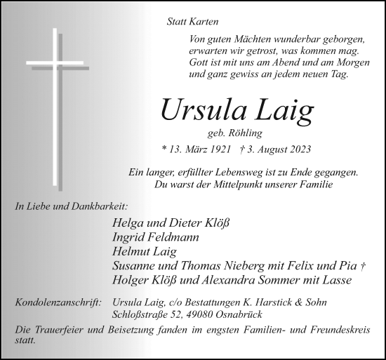 Traueranzeige von Ursula Laig von Neue Osnabrücker Zeitung GmbH & Co. KG