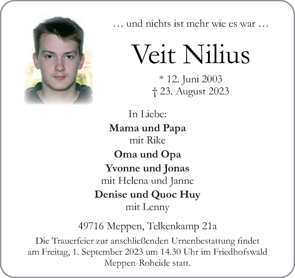  Traueranzeige für Veit Nilius vom 26.08.2023 aus Neue Osnabrücker Zeitung GmbH & Co. KG