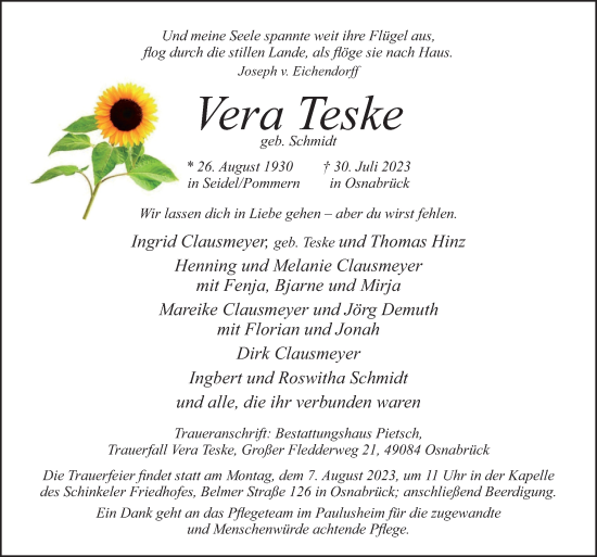 Traueranzeige von Vera Teske von Neue Osnabrücker Zeitung GmbH & Co. KG