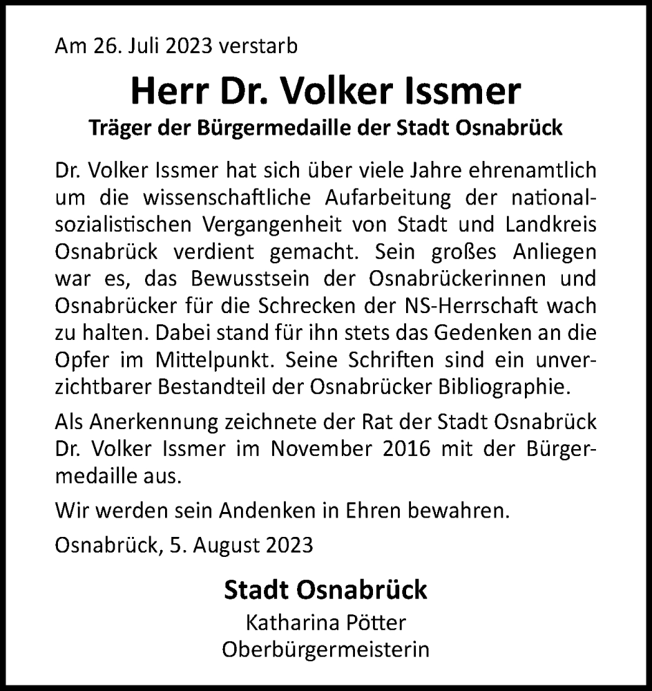  Traueranzeige für Volker Issmer vom 05.08.2023 aus Neue Osnabrücker Zeitung GmbH & Co. KG