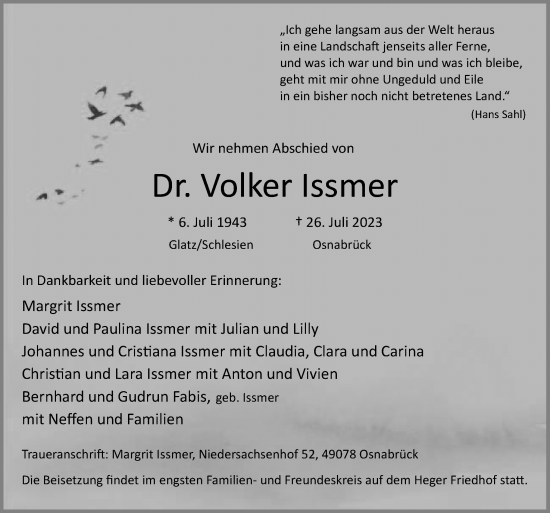 Traueranzeige von Volker lssmer von Neue Osnabrücker Zeitung GmbH & Co. KG