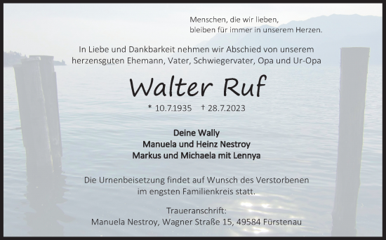 Traueranzeige von Walter Ruf von Neue Osnabrücker Zeitung GmbH & Co. KG