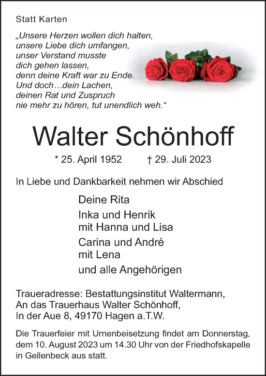 Traueranzeige von Walter Schönhoff von Neue Osnabrücker Zeitung GmbH & Co. KG